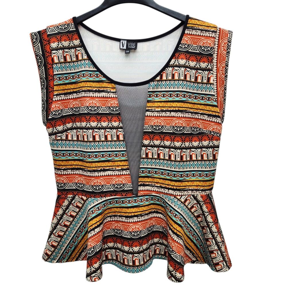 V Vibe Sportswear Peplum Top Womens 3X  Mesh Plunging V-Neck Tribal Design Boho